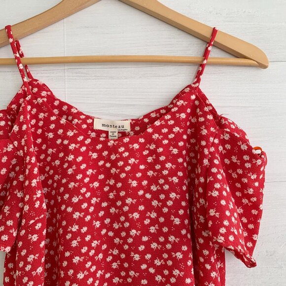 NWT Monteau - Red floral cold shoulder spaghetti strap top, M - Picture 2 of 5
